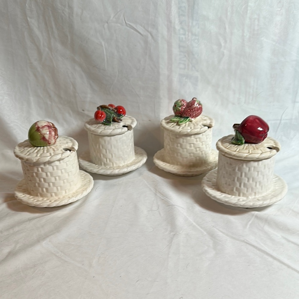 Vintage Ceramic Fruit Topped Jam or Honey Jars - Set of 4 Japan